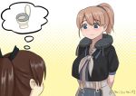  blue_eyes brown_hair commentary_request intrepid_(kantai_collection) kantai_collection misumi_(niku-kyu) multiple_girls neck_pillow ponytail shikinami_(kantai_collection) short_sleeves toilet_seat twitter_username 