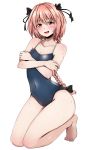  :d alternate_eye_color astolfo_(fate) bangs bare_arms bare_legs bare_shoulders barefoot baretto_(karasi07) black_bow blue_swimsuit blush body_blush bow braid collarbone commentary_request competition_school_swimsuit covered_navel crossed_arms embarrassed eyebrows_visible_through_hair fang fate/apocrypha fate_(series) feet full_body furrowed_eyebrows hair_between_eyes hair_bow hair_intakes half-closed_eyes highres kneeling long_hair looking_at_viewer male_focus one-piece_swimsuit open_mouth otoko_no_ko pink_hair red_eyes shadow shiny shiny_clothes shiny_hair simple_background single_braid smile solo sweatdrop swimsuit white_background 