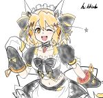 :d alternate_costume apron artist_name black_bow blush bow brown_eyes brown_hair choker clenched_hand commentary_request enmaided hair_bow hair_ornament hairclip headgear hikkub maid maid_headdress midriff navel one_eye_closed open_mouth orange_eyes puffy_short_sleeves puffy_sleeves senki_zesshou_symphogear senki_zesshou_symphogear_xd_unlimited short_hair short_sleeves simple_background sketch skirt smile solo star tachibana_hibiki_(symphogear) waist_apron white_background 