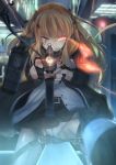  absurdres aiming_at_viewer armband bangs belt black_gloves black_jacket black_legwear black_ribbon black_skirt blurry blush brown_eyes brown_hair buckle buttons cityscape closed_mouth commentary_request crotch_seam depth_of_field explosive eyebrows_visible_through_hair fingerless_gloves flashbang girls_frontline gloves grenade grenade_pin gun hair_ornament hair_ribbon hairclip highres holding holding_gun holding_weapon hood hood_down hooded_jacket jacket lights long_hair looking_at_viewer midriff mouth_hold navel panties pantyhose pantyshot pantyshot_(standing) partially_unbuttoned pleated_skirt ribbon scar scar_across_eye septet_(zrca_janne) shirt sidelocks skirt smile solo standing strap thigh_strap twintails ump9_(girls_frontline) underwear walkie-talkie weapon white_panties white_shirt wind wind_lift 