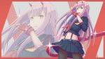  commentary_request company_connection cosplay darling_in_the_franxx fingerless_gloves gloves green_eyes hair_between_eyes hairband highres holding horns kill_la_kill living_clothes long_hair matoi_ryuuko matoi_ryuuko_(cosplay) microskirt midriff mouth_hold navel pantyhose pink_hair pleated_skirt red_gloves school_uniform scissor_blade senketsu serafuku skirt sleeves_rolled_up solo sparkle suspenders trigger_(company) white_hairband yoruusagi zero_two_(darling_in_the_franxx) zoom_layer 