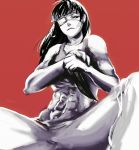  abs bangs black_hair breasts cleavage commentary_request enaq eyepatch greyscale highres holding holding_knife holding_weapon jormungand knife large_breasts long_hair medical_eyepatch monochrome muscle muscular_female navel shirt_lift simple_background sitting sofia_valmer solo tank_top weapon 