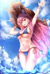  :d animal_ears armpits arms_up bangs bikini blue_bikini blue_sky blush bracelet breasts brown_eyes chahei cleavage cloud collarbone commentary_request covered_nipples day eyebrows_visible_through_hair fang fate/grand_order fate_(series) fox_ears groin hair_between_eyes hand_on_headwear hat head_tilt highres jewelry large_breasts long_hair looking_at_viewer navel ocean open_mouth outdoors outstretched_arm pink_hair side-tie_bikini sky smile solo sparkle straw_hat sun_hat swimsuit tamamo_(fate)_(all) tamamo_no_mae_(swimsuit_lancer)_(fate) very_long_hair wading water 