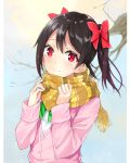  bad_id bad_pixiv_id bangs black_hair bow branch cardigan flat_(joppin_karu!) hair_bow highres long_sleeves looking_at_viewer love_live! love_live!_school_idol_project pink_cardigan red_bow red_eyes scarf school_uniform smile solo twintails upper_body yazawa_nico yellow_scarf 