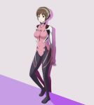  1girl bodysuit breasts brown_eyes brown_hair cosplay crossover godzilla:_monster_planet godzilla_(series) headband makinami_mari_illustrious_(cosplay) military military_uniform neon_genesis_evangelion plugsuit polygon_pictures small_breasts toho_(film_company) yuko_tani 