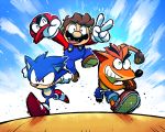  big_nose brown_hair cappy_(mario) crash_bandicoot crash_bandicoot_(character) crossover denim facial_hair fingerless_gloves furry gloves hat hat_removed headwear_removed jeans male_focus mario mario_(series) multiple_boys multiple_crossover mustache overalls pants rariatto_(ganguri) running shirtless smile sonic sonic_the_hedgehog spiked_hair super_mario_bros. super_mario_odyssey v white_gloves 