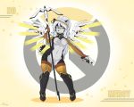  2018 amber_eyes armor blade blonde_hair boots breasts canine clothing cosplaying dog female footwear gun hair halo handgun helsy husky jewelry looking_at_viewer machine mammal mecha medic medical melee_weapon mercy necklace nipples nude overwatch pistol platinum_blonde polearm pose pussy ranged_weapon smile staff video_games weapon wings 