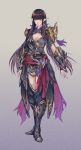  au_ra black_hair breasts cleavage dragon_horns final_fantasy final_fantasy_xiv full_body green_eyes horns long_hair looking_at_viewer medium_breasts ninja_(final_fantasy) pengnangehao scales simple_background solo standing yugiri_mistwalker 