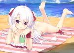  :d ahoge ass bangs bare_shoulders barefoot beach bikini bikini_around_one_leg blue_sky blush bottle bottomless breasts cleavage cloud collarbone cup day eyebrows_visible_through_hair hair_between_eyes hair_ribbon highres holding holding_cup horizon large_breasts legs_up long_hair looking_at_viewer lying ocean on_stomach open_mouth original outdoors purple_eyes red_bikini red_ribbon ribbon sand sidelocks silver_hair sky smile solo striped swimsuit tsubaki_(yi) two_side_up very_long_hair water wrist_cuffs 