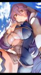  bangs blue_sky blush breasts cleavage cleavage_cutout cloud commentary_request day eyebrows_visible_through_hair freischutz_(phantom_of_the_kill) gloves hair_between_eyes highres hips huge_breasts letterboxed lolicept long_hair looking_at_viewer open_mouth phantom_of_the_kill purple_hair red_eyes revision sky solo sweat 