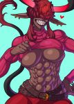  abs baeath belt breasts brown_skin claws clothed clothing clothing_lift demon ear_piercing female grin hair hair_over_eyes hi_res horn humanoid hutago midriff muscular muscular_female navel not_furry pants piercing pointy_ears red_hair sharp_teeth shirt shirt_lift short_hair smile solo sweater tail_tuft teeth tuft 