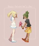  1girl black_shirt blonde_hair blue_eyes blush bow braid brown_background covering_mouth dark_skin english flower french_braid from_side full_body gift green_eyes green_hair hair_ornament hands_up hau_(pokemon) highres holding lillie_(pokemon) looking_down miu_(miuuu_721) nose_blush open_mouth orange_footwear orange_shorts outstretched_arms pink_flower pink_rose pleated_skirt pokemon pokemon_(game) pokemon_sm ponytail profile red_bow rose sandals shirt shoes short_hair short_sleeves shorts simple_background skirt smile socks standing tied_hair valentine white_footwear white_legwear white_shirt white_skirt 
