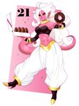  2018 absurd_res android_21 anklet arm_warmers armwear big_breasts black_nails black_sclera bracelet breasts clothing colored_nails dragon_ball dragon_ball_fighterz dwps ear_piercing female food footwear gold_(metal) gold_jewelry hair harem_pants hi_res high_heels holding_food holding_object jewelry long_hair looking_at_viewer majin_android_21 navel neck_ring not_furry piercing pink_background pink_skin pink_tail pointy_ears red_eyes shoes simple_background smile solo standing text white_background white_hair 