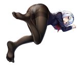  ass black_hairband black_legwear blue_eyes blush drogoth feet hairband highres lace lace-trimmed_panties looking_at_viewer navy_blue_serafuku no_shoes panties panties_under_pantyhose pantyhose ryuuou_no_oshigoto! school_uniform serafuku silver_hair simple_background soles solo sora_ginko thighband_pantyhose underwear white_background white_panties 