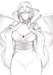 antennae antennae_wagging bare_shoulders blush breasts embarrassed greyscale hair_between_eyes hands_on_own_cheeks hands_on_own_face highres insect_girl insect_wings japanese_clothes large_breasts monochrome monster_girl nakamura_regura obi original sash short_hair sketch solo wavy_mouth wide_sleeves wings 