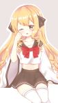  bangs black_bow black_sailor_collar black_skirt blonde_hair blush bow bowtie brown_background brown_eyes character_request collarbone commentary_request crop_top gourmet_kizuna hair_bow highres light_(luxiao_deng) long_hair long_sleeves looking_at_viewer midriff navel one_eye_closed outline parted_lips pleated_skirt red_neckwear ringlets sailor_collar school_uniform serafuku shirt sidelocks skirt solo tears thighhighs two-tone_background very_long_hair white_background white_legwear white_outline white_shirt wide_sleeves 