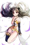  bangs black_hair black_ribbon blush breasts broche_(timpet) elbow_gloves fate/grand_order fate_(series) floating floating_hair gloves hair_ribbon highres ishtar_(fate/grand_order) jewelry long_hair looking_at_viewer parted_bangs red_eyes revealing_clothes ribbon simple_background single_elbow_glove single_thighhigh small_breasts smile solo teeth thighhighs tiara two_side_up very_long_hair white_background 