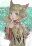  animal_ears bell blonde_hair blue_eyes cat_ears choker fang final_fantasy final_fantasy_xiv finger_to_mouth frischenq hair_bell hair_ornament khloe_aliapoh looking_at_viewer miqo'te open_mouth short_hair solo upper_body 