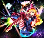  :q american_flag_dress american_flag_legwear blonde_hair blush breasts closed_mouth clownpiece commentary dress eyebrows_visible_through_hair fairy_wings full_body hand_gesture hat highres jester_cap kuro_nasu licking_lips long_hair looking_at_viewer medium_breasts neck_ruff no_shoes one_eye_closed pantyhose polka_dot polka_dot_hat red_eyes short_sleeves smile solo star striped striped_dress striped_legwear tongue tongue_out torch touhou very_long_hair wings 