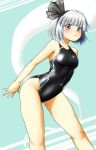 :&lt; bangs black_swimsuit blue_eyes blunt_bangs bob_cut breasts commentary_request competition_swimsuit d-m_(dii_emu) feet_out_of_frame highres konpaku_youmu konpaku_youmu_(ghost) looking_at_viewer medium_breasts one-piece_swimsuit short_hair silver_hair solo standing swimsuit touhou 