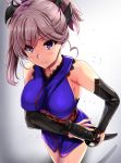  armpits blue_eyes blush breasts fate/grand_order fate_(series) grey_hair hand_on_sheath highres holding holding_weapon japanese_clothes kimono looking_at_viewer medium_breasts miyamoto_musashi_(fate/grand_order) ponytail senra_banshou shadow sideboob simple_background sword weapon 