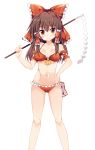  bangs bare_legs bikini blush bow breasts brown_hair cleavage closed_mouth eyebrows_visible_through_hair gohei hair_bow hair_tubes hakurei_reimu hand_on_hip highres large_bow long_hair looking_at_viewer maturiuta_sorato medium_breasts navel orange_eyes red_bikini red_bow shide sidelocks simple_background solo standing stomach swimsuit touhou white_background 