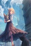  animal black_cat blonde_hair blue_eyes blue_sky building cat closed_mouth cloud cloudy_sky commentary_request day hair_bun high_heels highres holding original outdoors sky smile standing tenmaso 