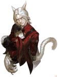  animal_ears blue_eyes cat_ears cat_tail facial_mark final_fantasy final_fantasy_xiv frischenq gloves hat hat_removed headwear_removed looking_to_the_side male_focus miqo'te red_mage short_hair solo tail upper_body white_background white_hair x'rhun_tia 