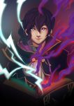  absurdres book evil_smile fire_emblem fire_emblem:_kakusei fire_emblem_heroes highres holding holding_book lightning looking_at_viewer magic mark_(female)_(fire_emblem) mark_(fire_emblem) purple_eyes purple_hair smile solo 