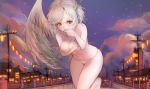  barefoot blush braid breasts covering covering_breasts covering_mouth covering_nipples embarrassed french_braid heoningu highres hips kishin_sagume looking_at_viewer medium_breasts messy_hair navel night night_sky outdoors panties red_eyes short_hair single_wing sky solo tears thigh_gap topless touhou town twilight underwear underwear_only white_hair white_panties wings 