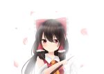  &gt;:) ascot black_hair blouse blush bow collared_blouse detached_sleeves glowing gohei hair_bow hair_tubes hakurei_reimu large_bow long_hair looking_at_viewer petals red_eyes reimu_mikoro smile solo touhou v-shaped_eyebrows white_background 