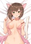  absurdres animal_ears babydoll bangs bare_arms bare_shoulders bed_sheet blush bottomless breasts breasts_apart brown_hair cat_ears cat_tail collarbone dakimakura eyebrows_visible_through_hair fang from_above goyain green_eyes groin highres idolmaster idolmaster_cinderella_girls kemonomimi_mode lying maekawa_miku medium_breasts navel on_back out-of-frame_censoring parted_lips revision shiny shiny_hair shiny_skin short_hair solo stomach strap_slip tail underwear underwear_only 