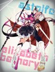  1girl astolfo_(fate) asymmetrical_horns black_bow black_ribbon blue_eyes bow braid commentary corset curled_horns dragon_girl dragon_horns dragon_tail elizabeth_bathory_(fate) elizabeth_bathory_(fate)_(all) fang fate/apocrypha fate/extra fate/extra_ccc fate/grand_order fate_(series) garter_straps hair_intakes hair_ribbon highres horns idol long_braid long_hair looking_at_viewer multicolored_hair ookubo_rumi open_mouth otoko_no_ko pink_hair plaid plaid_skirt pointy_ears purple_eyes ribbon seiyuu_connection single_braid skirt smile streaked_hair tail tsukkaomi waistcoat 