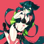  1girl absurdly_long_hair bikini black_bikini frilled_bikini frills gatchaman gatchaman_crowds green_eyes green_hair high_heels leg_garter long_hair low-tied_long_hair matching_hair/eyes solo swimsuit tied_hair utsutsu very_long_hair 