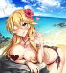  ;q ahoge alternate_costume anchor_necklace arm_support ass bangle beach bent_over bikini black_ribbon blonde_hair blue_eyes bracelet breasts censored cleavage closed_mouth collarbone eyebrows_visible_through_hair fellatio_gesture fisheye glint hair_over_breasts head_tilt heart heart_ahoge heart_censor horizon iowa_(kantai_collection) jewelry kantai_collection large_breasts long_hair looking_at_viewer mika_(1020mk) necklace ocean one_eye_closed pearl_bracelet pendant raised_eyebrows ribbon rock shiny shiny_hair shiny_skin side-tie_bikini sidelocks smile solo star star-shaped_pupils striped_bikini_bottom suggestive_fluid sweat swimsuit symbol-shaped_pupils tongue tongue_out topless water wristband 