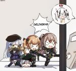  &gt;_&lt; 404_(girls_frontline) 5girls :3 :d animal_print assault_rifle bangs bear_print beret black_bow black_footwear black_hat black_jacket black_legwear black_skirt blush_stickers bow brown_hair closed_eyes commentary destroyer_(girls_frontline) door dyolf english eyebrows_visible_through_hair fang g11_(girls_frontline) girls_frontline green_hat gun h&amp;k_ump hair_between_eyes hair_bow hair_ornament hat heckler_&amp;_koch hk416 hk416_(girls_frontline) holding holding_gun holding_weapon jacket kicking light_brown_hair long_hair long_sleeves lying multiple_girls object_namesake on_stomach one_side_up open_mouth plaid plaid_skirt pleated_skirt purple_shirt purple_skirt rifle scar scar_across_eye shirt side_ponytail silver_hair skirt smile standing standing_on_one_leg submachine_gun teardrop thighhighs twintails ump45_(girls_frontline) ump9_(girls_frontline) very_long_hair wavy_mouth weapon white_hair xd 