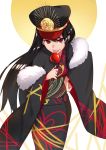  :p absurdres bad_id bad_pixiv_id bangs black_hair black_hat black_kimono candy_apple commentary_request eyebrows_visible_through_hair family_crest fate/grand_order fate_(series) food fur_trim hat highres holding holding_food japanese_clothes kimono koha-ace long_hair long_sleeves looking_at_viewer military_hat obi oda_nobunaga_(fate) oda_uri peaked_cap print_kimono red_eyes sash sawawse solo tongue tongue_out very_long_hair white_background wide_sleeves 