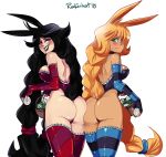  2girls ahoge animal_ears annoyed ass ass-to-ass ass_press bare_shoulders black_hair blush braid breasts bunny_ears bunny_tail easter easter_eggs egg elbow_gloves fingerless_gloves gloves green_eyes grin huge_ass large_breasts leotard long_hair looking_back multiple_girls orange_hair original radlionheart shiny shiny_clothes shiny_hair shiny_skin sideboob single_braid smile tail thong_leotard transparent_background very_long_hair yellow_eyes 