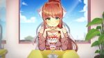  artist_name bangs bare_shoulders blue_sky blush bow brown_hair brown_sweater casual chair closed_mouth cloud collarbone cup day doki_doki_literature_club elbows_on_table eyebrows_visible_through_hair food fruit green_eyes hair_bow hair_intakes hands_clasped highres ice_cream indoors long_hair long_sleeves looking_at_viewer monika_(doki_doki_literature_club) own_hands_together parfait plant pocky ponytail potted_plant pov_across_table prodonyang ribbed_sweater ribbon sidelocks sitting sky smile solo strawberry sweater table twitter_username upper_body wafer white_bow window 