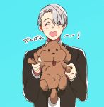  ^_^ blue_background character_doll closed_eyes eyes_visible_through_hair formal hair_over_one_eye heart-shaped_mouth kyouna lanyard makkachin male_focus open_mouth silver_hair smile suit translated viktor_nikiforov yuri!!!_on_ice 