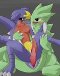  2016 anthro black_eyes black_sclera blue_body blush duo eye_contact garchomp green_body grey_background male male/male nekozuki nintendo open_mouth penis pink_penis pok&eacute;mon pok&eacute;mon_(species) precum red_body simple_background spread_legs spreading tongue tongue_out tyranitar video_games yellow_eyes 