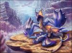  2018 akearyu blue_fur blue_penis blue_scales capcom coral coral_highlands detailed_background digital_media_(artwork) digitigrade dragon duo feathered_wings feathers female fur hi_res horn landscape legiana lying male male/female membranous_wings missionary_position monster_hunter monster_hunter_world on_back paws penis red-izak rock rock_shelf scales scalie sex video_games white_fur white_wcales wings wyvern 