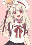  :d beret black_skirt commentary_request eyebrows_visible_through_hair fate/kaleid_liner_prisma_illya fate_(series) gomi_(kaiwaresan44) hat holding holding_wand illyasviel_von_einzbern long_hair looking_at_viewer magical_ruby neck_ribbon open_mouth pink_background pleated_skirt puffy_short_sleeves puffy_sleeves red_eyes red_neckwear ribbon school_uniform shirt short_sleeves skirt smile solo wand white_hair white_hat white_shirt 