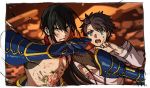  2girls :o bad_id bad_pixiv_id black_hair blood blood_on_face blue_eyes blurry blurry_background brown_hair commentary_request depth_of_field fate/grand_order fate_(series) frown fujimaru_ritsuka_(male) gauntlets green_eyes hand_up long_hair long_sleeves looking_at_viewer mi_(pic52pic) multiple_boys multiple_girls open_mouth ponytail shirtless sweatdrop tattoo yan_qing_(fate/grand_order) 