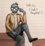  able_(artist) avian beak bird breasts clothed clothing drawing english_text eyewear female fishnet jacket legwear night_in_the_woods pastor_k._(nitw) shirt simple_background sketch stockings text traditional_media_(artwork) white_background 