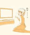  ahoge artoria_pendragon_(all) blush commentary_request doyagao fate/stay_night fate_(series) monochrome open_mouth pantyhose pointing saber seiza simple_background sitting solo television translation_request tsukumo 