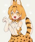  animal_ears bow bowtie commentary elbow_gloves extra_ears eyebrows_visible_through_hair fang gloves gomi_(kaiwaresan44) high-waist_skirt kemono_friends looking_at_viewer miniskirt orange_eyes orange_hair orange_skirt paw_pose paw_print print_gloves print_skirt serval_(kemono_friends) serval_ears serval_print serval_tail shirt short_hair silver_background skirt sleeveless solo standing striped_tail tail upper_body white_shirt 