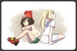  beanie beige_background beige_shirt black_hair blonde_hair blue_eyes blush border bracelet braid crossed_arms french_braid full_body green_eyes green_shorts grey_border hat jewelry knees_up lillie_(pokemon) looking_at_viewer looking_up miu_(miuuu_721) mizuki_(pokemon) multiple_girls open_mouth pleated_skirt poke_ball_theme pokemon pokemon_(game) pokemon_sm ponytail red_footwear red_hat shirt shoes short_hair short_shorts shorts simple_background sitting skirt smile tied_hair tied_shirt undershirt white_background white_shirt white_skirt 