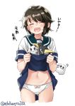  ass_visible_through_thighs blue_sailor_collar blue_skirt bow bow_panties brown_hair check_translation closed_eyes cowboy_shot ebifurya failure_penguin highres kantai_collection lifted_by_self miss_cloud miyuki_(kantai_collection) navel panties pleated_skirt sailor_collar school_uniform serafuku short_hair simple_background skirt skirt_lift solo translation_request twitter_username underwear white_background white_panties 