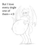  &lt;3 2014 abdominal_bulge animal_humanoid anthro belly big_belly breasts digitigrade dragon_humanoid featureless_breasts female hair hand_on_stomach himitsudragon horn humanoid long_hair long_tail monochrome navel nude outie_navel pointy_ears pregnant smile text wings 